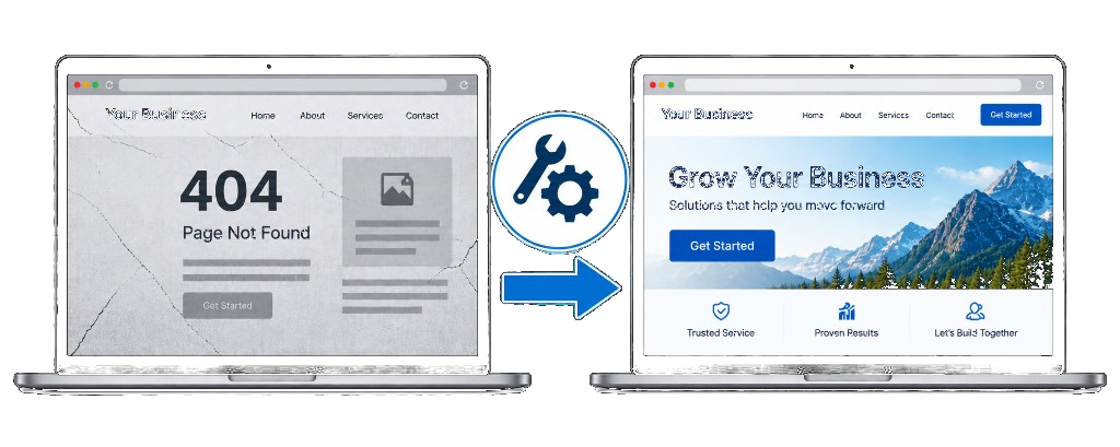 Before and after website fix — broken site issues resolved into a polished business website