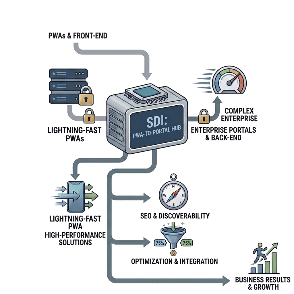 Infographic: PWA-to-portal hub connecting front-end PWAs, enterprise portals, SEO, optimization, and business growth outcomes